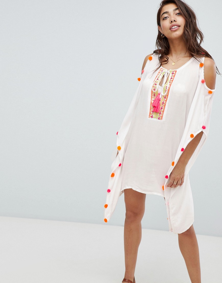 Anmol Cold Shoulder Beach Dress With Neon Pom Trim - White