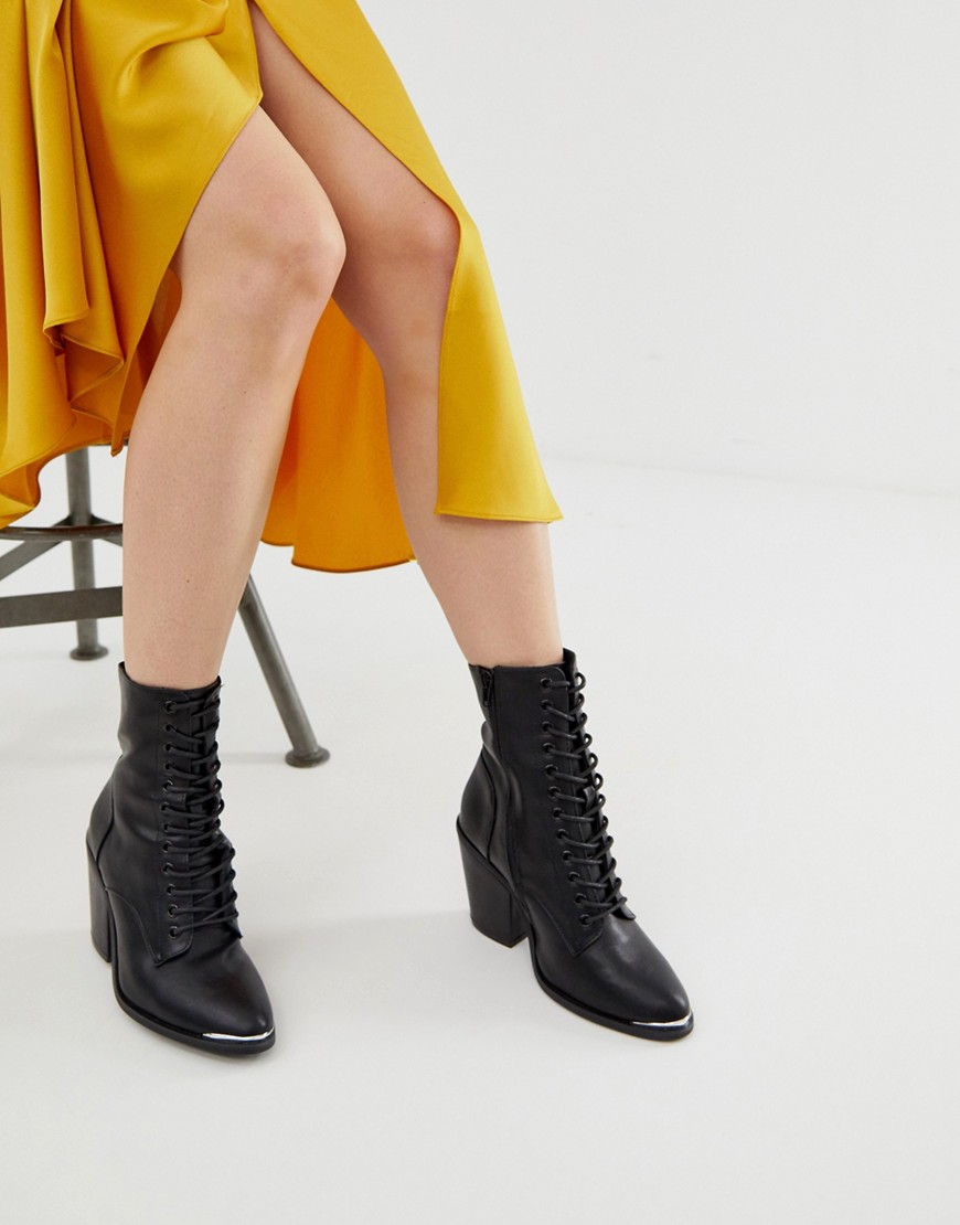 New Look lace up ankle heeled boot in black