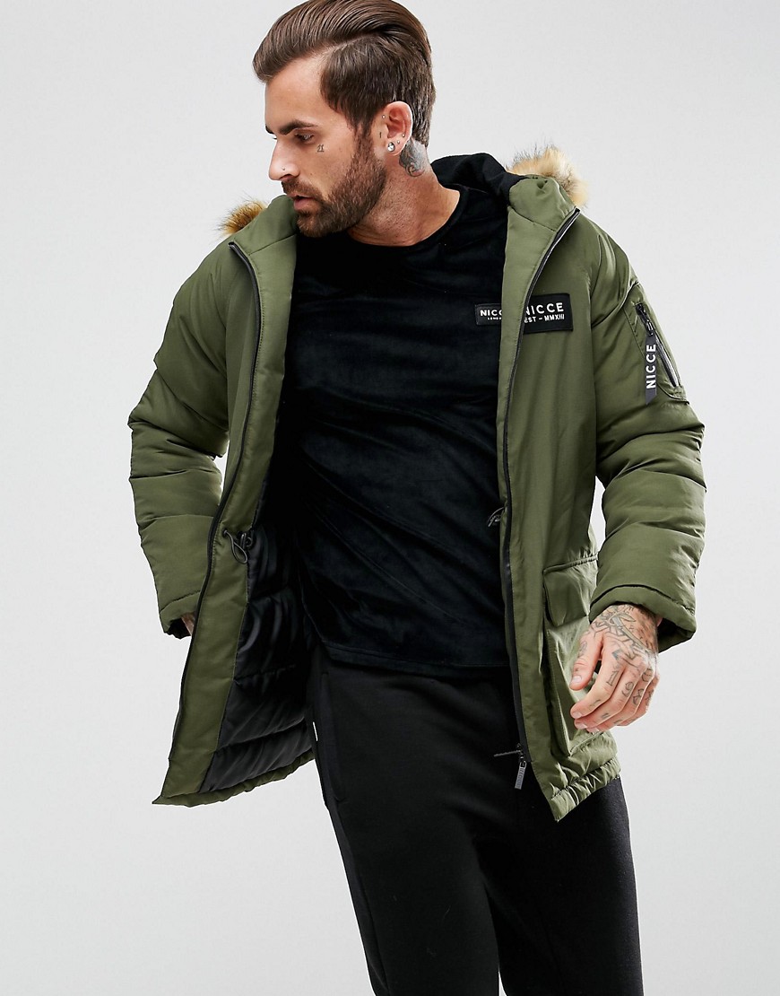 Nicce puffer parka in khaki with faux fur hood