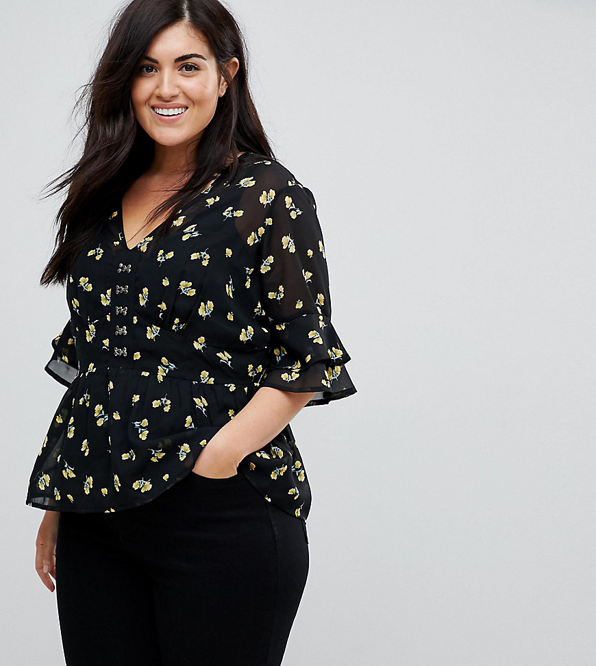 Influence Plus Hook And Eye Front Floral Blouse - Black floral