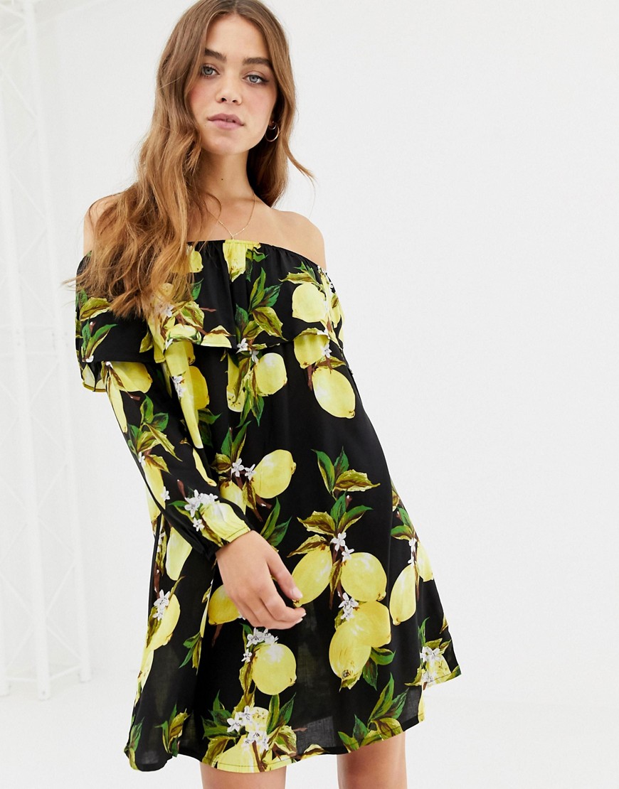 Glamorous off shoulder lemon print dress