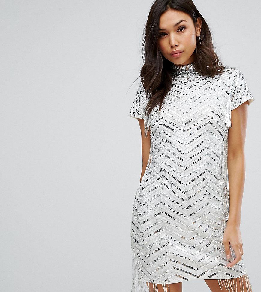 Starlet Pencil Dress With Fringe Embellishment - Silver