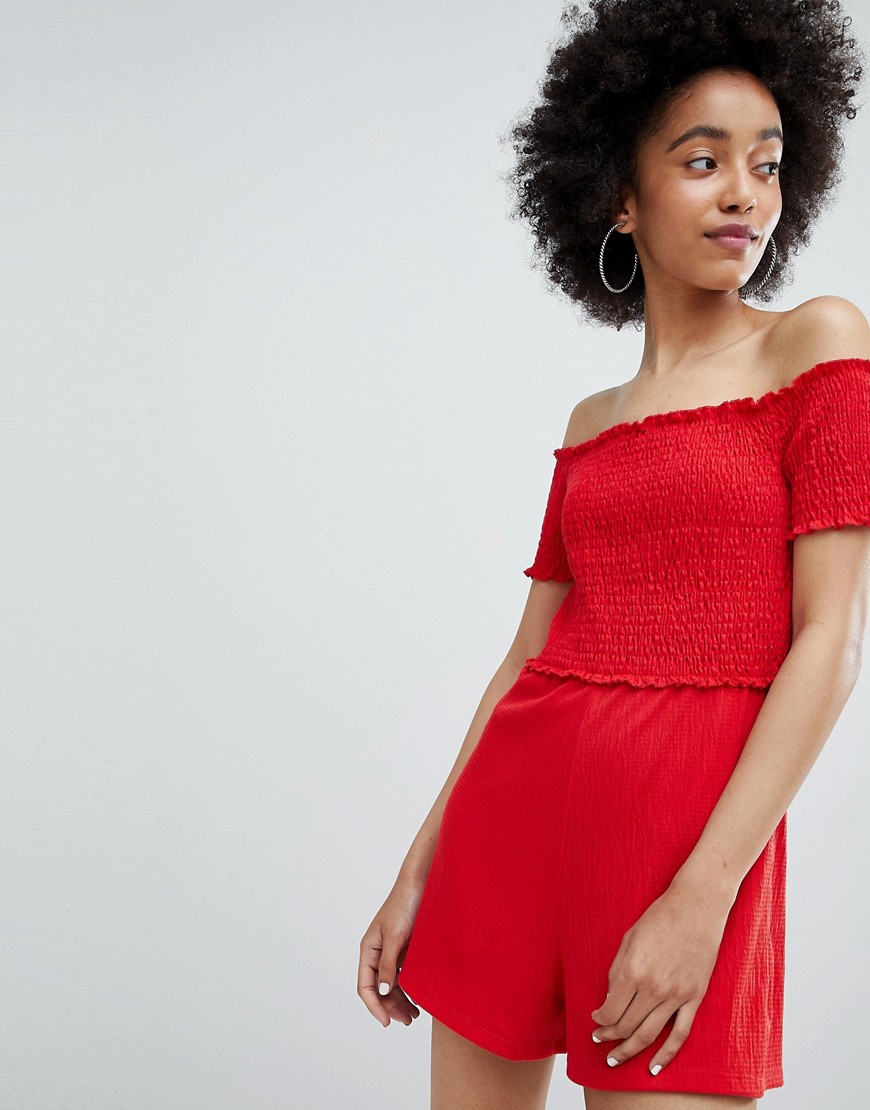Bershka off the shoulder playsuit in red - Red