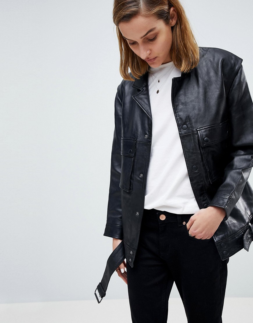 Moss Copenhagen Premium Leather Jacket With Pocket & Belt Detail - Black