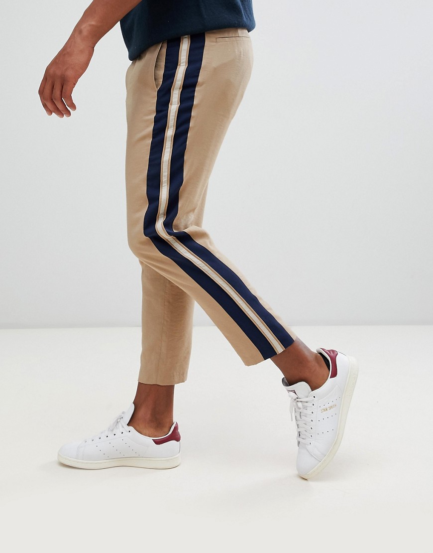 ASOS DESIGN tapered crop smart trouser in camel with side stripe