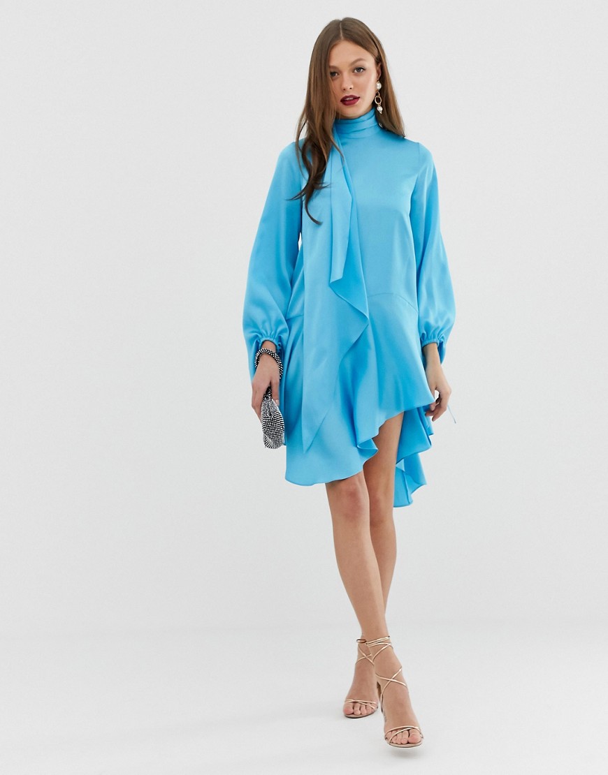 ASOS DESIGN satin midi dress with scarf neck and with extreme sleeve