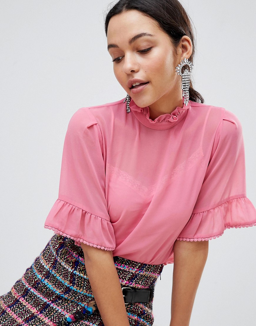 Traffic People High Neck Top With Frill Sleeve - Fuchsia