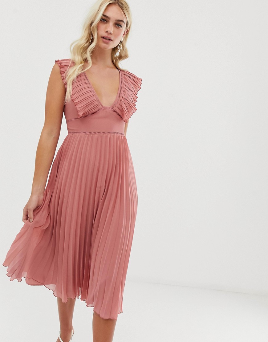 ASOS DESIGN plunge pleated midi dress with lace trim