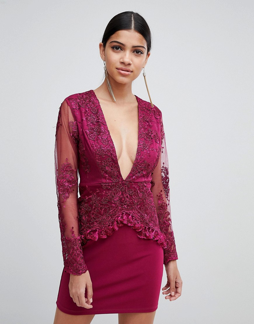 Love Triangle long sleeve embroidered lace dress with tassel trim