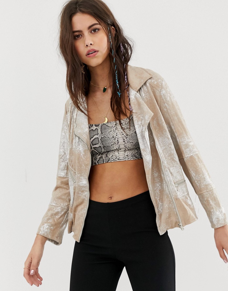 Native Rose Festival Relaxed Biker Jacket In Premium Metallic Faux Leather With Tassels