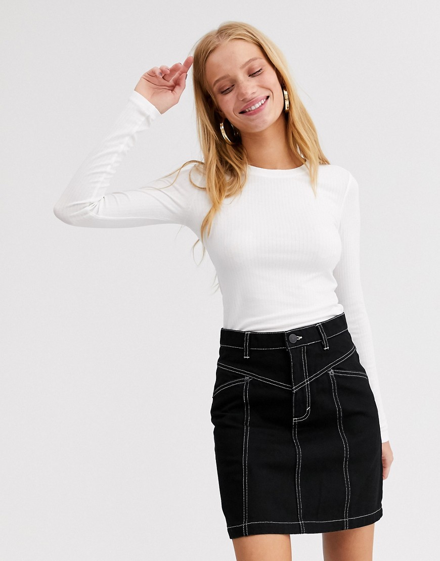 Monki crew neck ribbed long sleeve top in off white