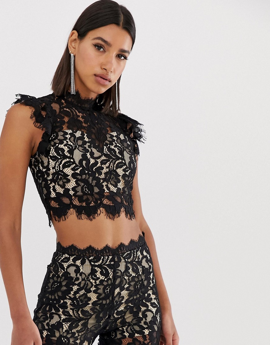 Love Triangle eyelash lace crop top co ord with flutter sleeve in black
