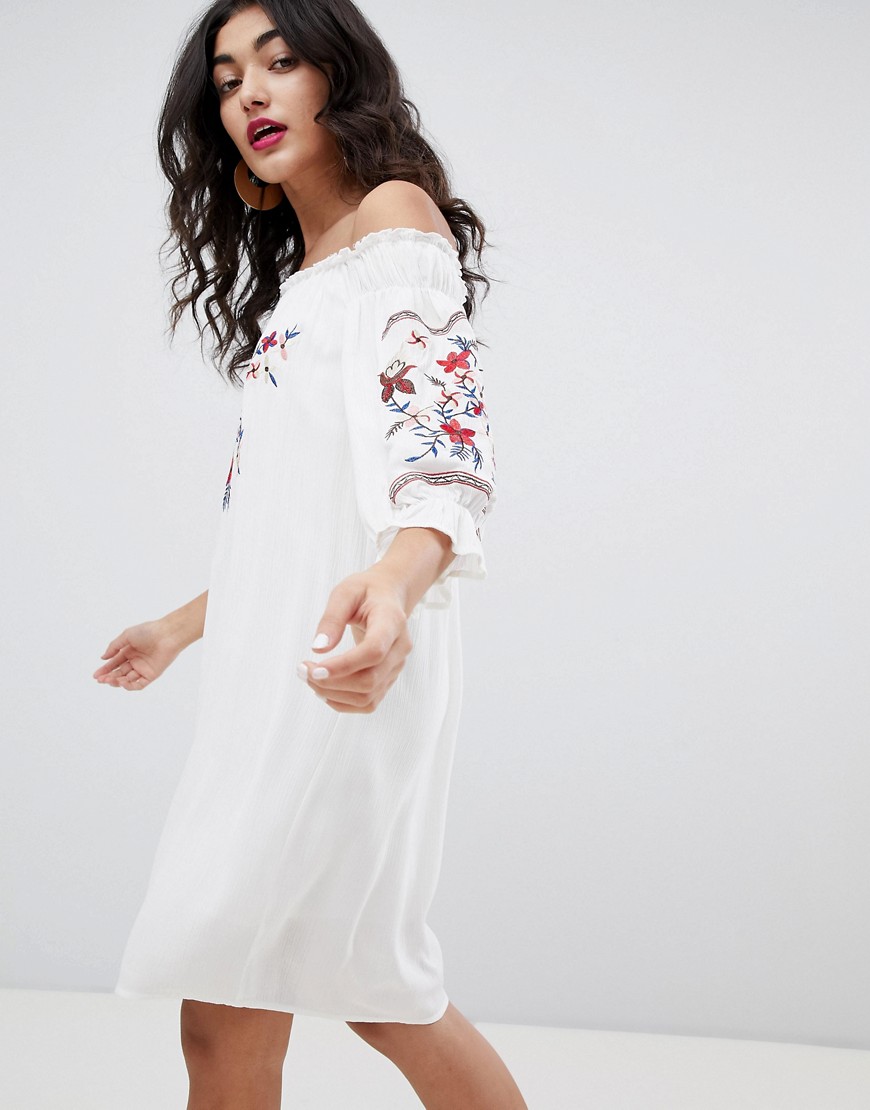 Rd & Koko Long Sleeve Bandeau Shift Dress With Embroidered Detail - White