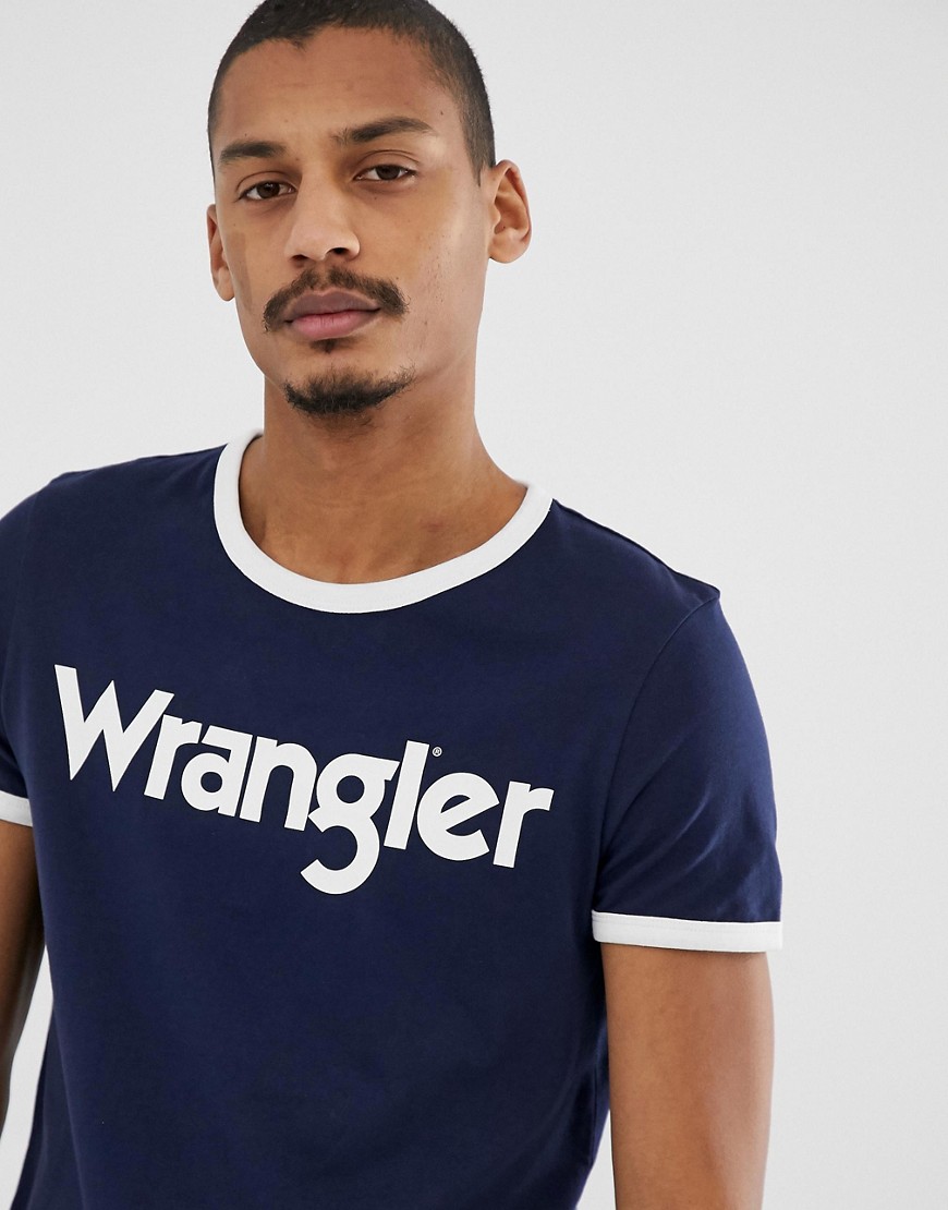Wrangler kabel retro large logo ringer t-shirt in navy