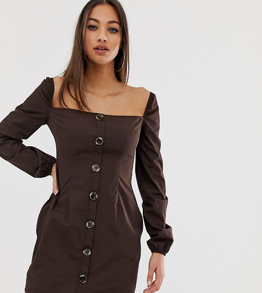 PrettyLittleThing square neck mini dress with puff sleeve in chocolate