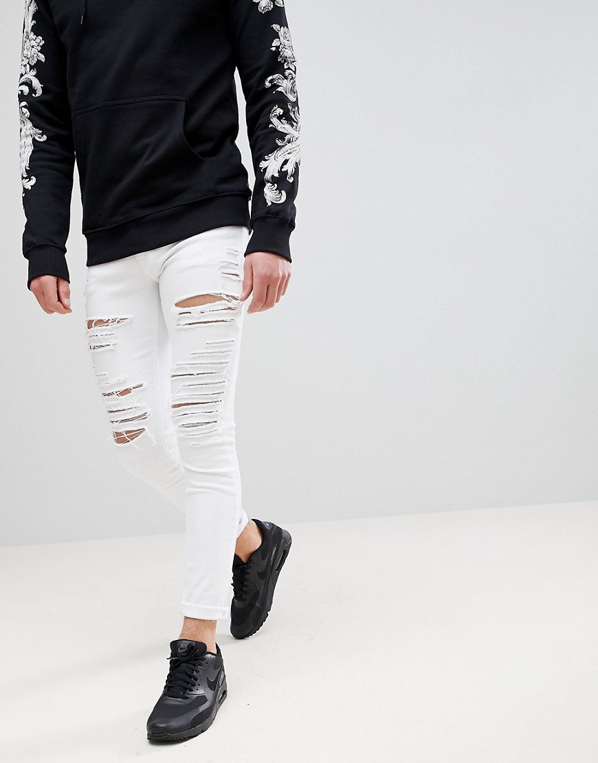 Criminal Damage Muscle Fit Ripped Jeans In White - White