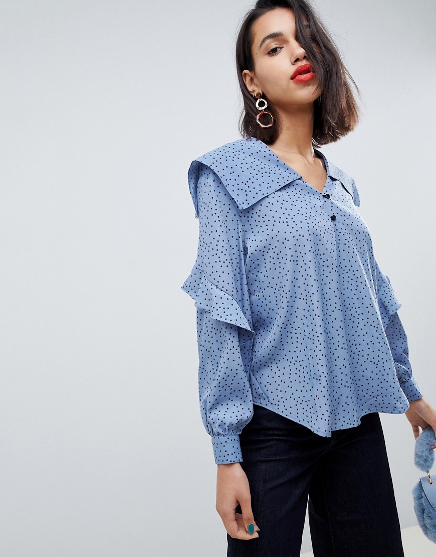 Side Party June dotted collar ruffled blouse - Mid-blue/navy dots
