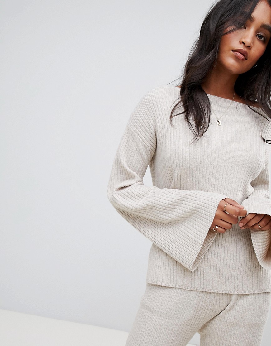 Micha Lounge Ribbed Off Shoulder Jumper With Wide Sleeves Co-Ord - Oatmeal