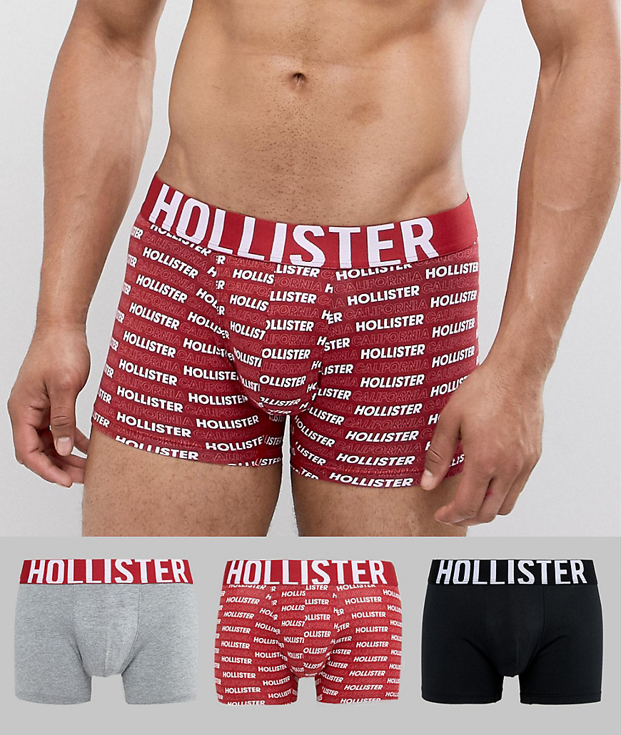 Hollister 3 Pack trunks in grey marl/black and red all over text logo