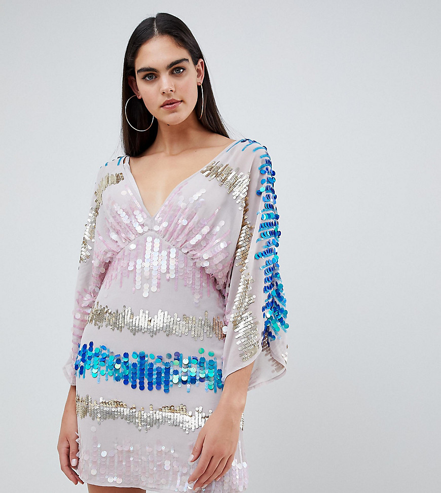 ASOS DESIGN Tall kimono mini dress in the scattered coloured sequins