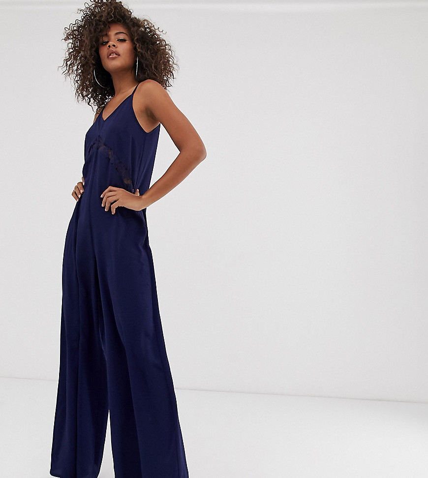 Outrageous Fortune Tall lace insert wide leg jumpsuit in navy