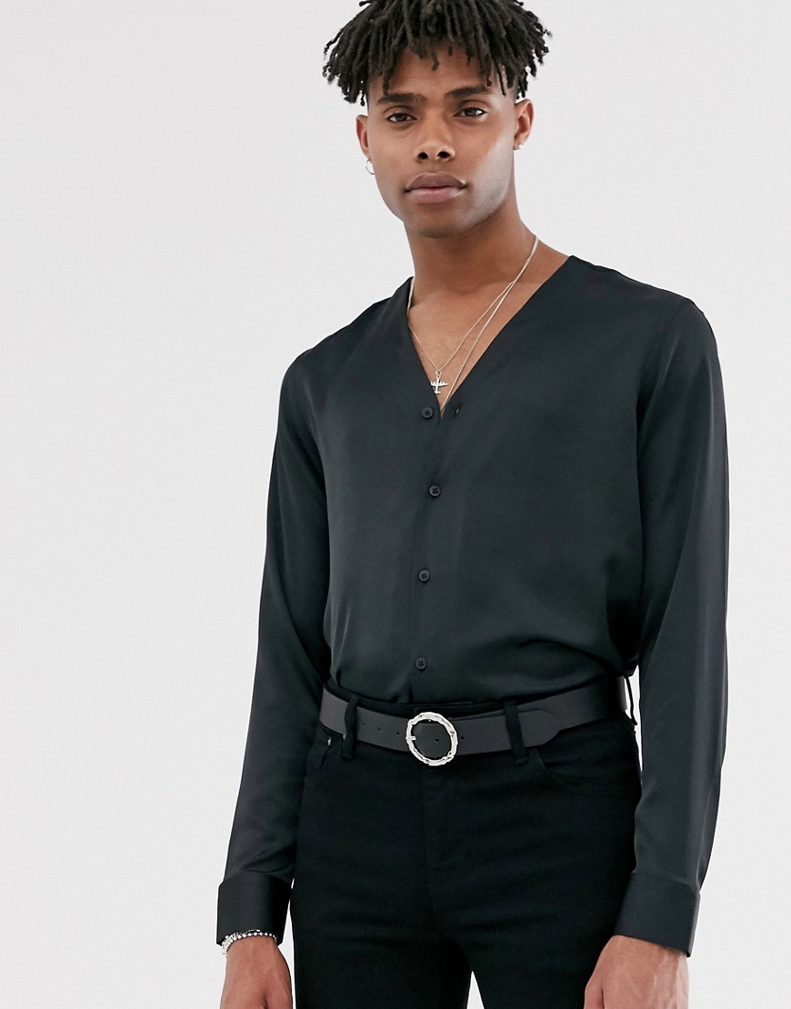 ASOS DESIGN regular fit satin collarless button through shirt in black