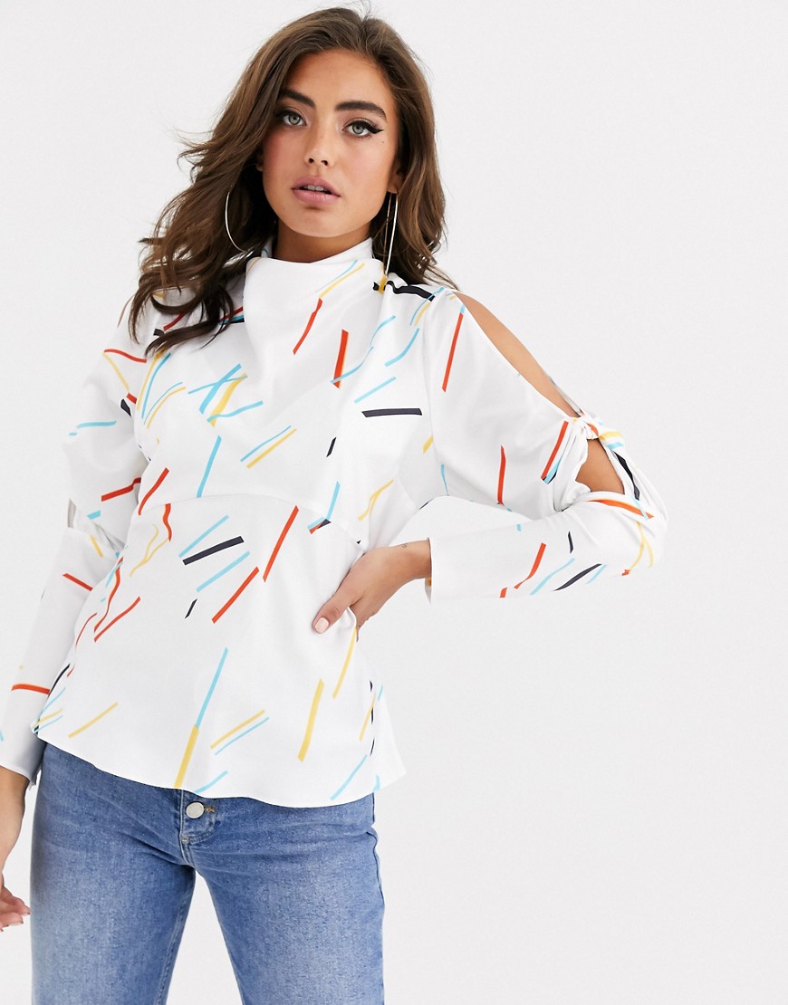 Asos Design Cowl Neck Top With Knot Shoulder Detail In Abstract Print-multi