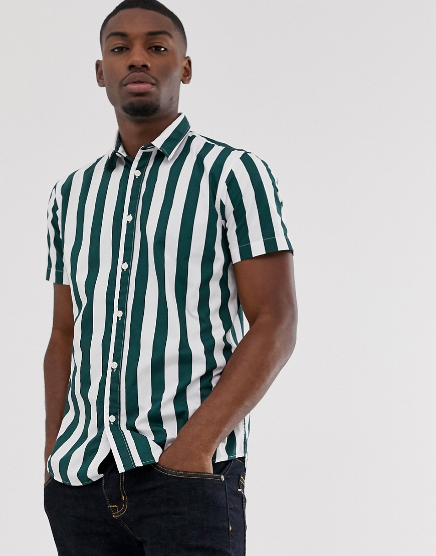 Selected Homme deck chair stripe short sleeve shirt in green