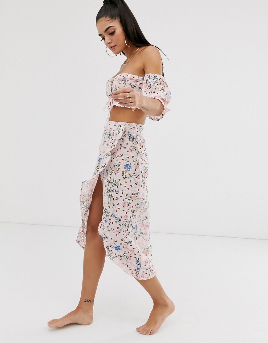 ASOS DESIGN premium wrap front beach skirt with ruffle in floral broderie co-ord