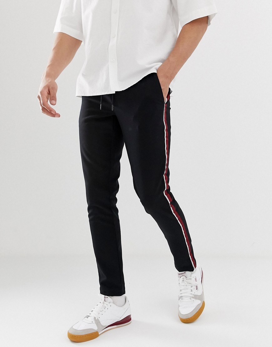 Only & Sons slim fit side stripe trousers in black
