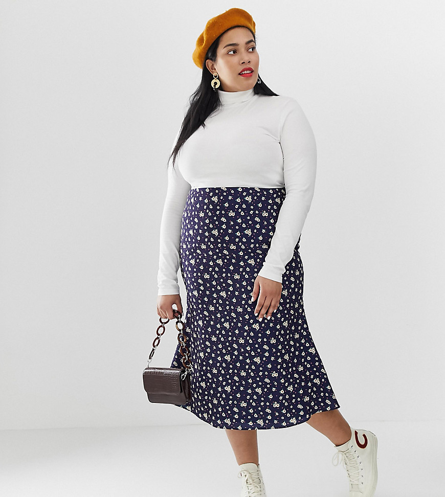 Glamorous Curve bias cute midi skirt in ditsy vintage floral print satin