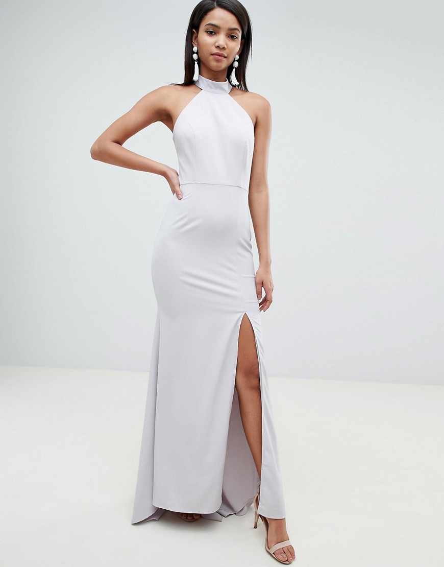Jarlo high neck fishtail maxi dress with open back detail in grey