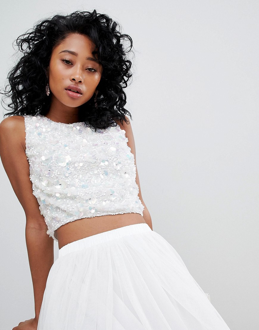 Lace & Beads embellished crop top in white - White
