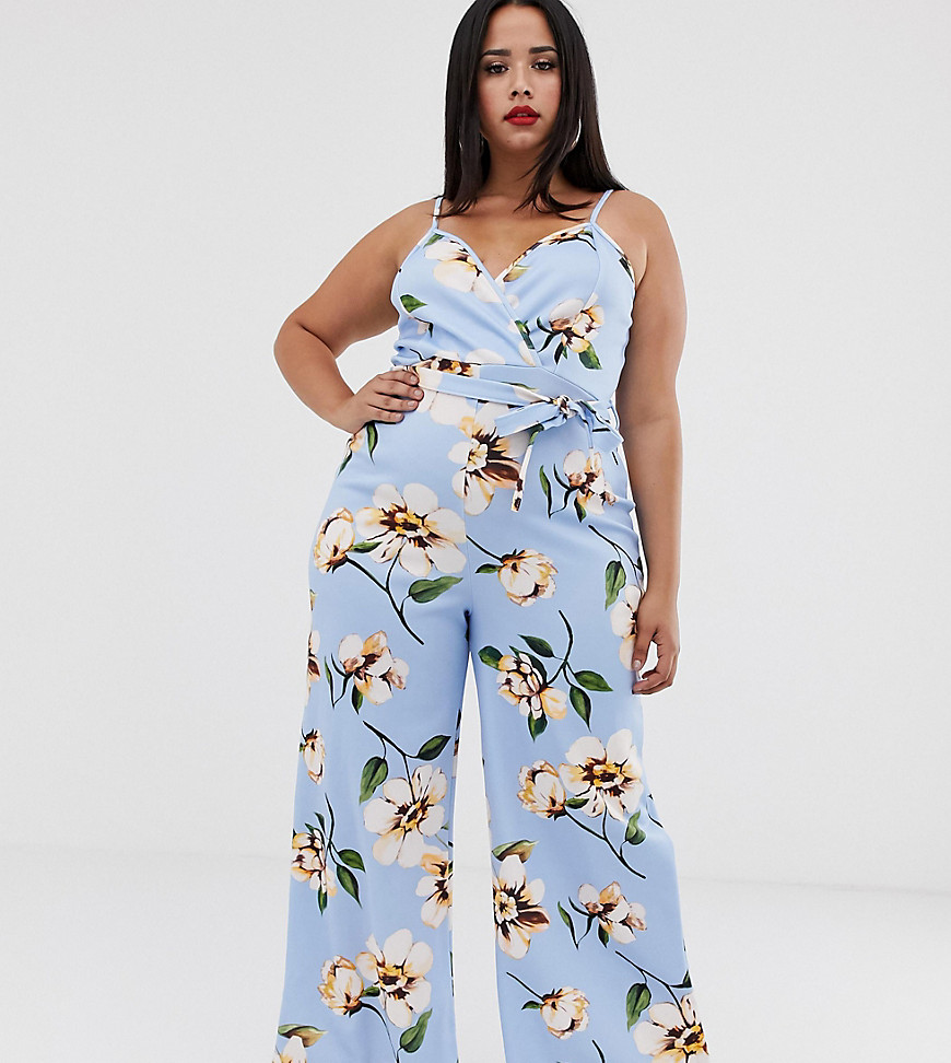 Boohoo Plus exclusive cami jumpsuit with belted waist in blue floral