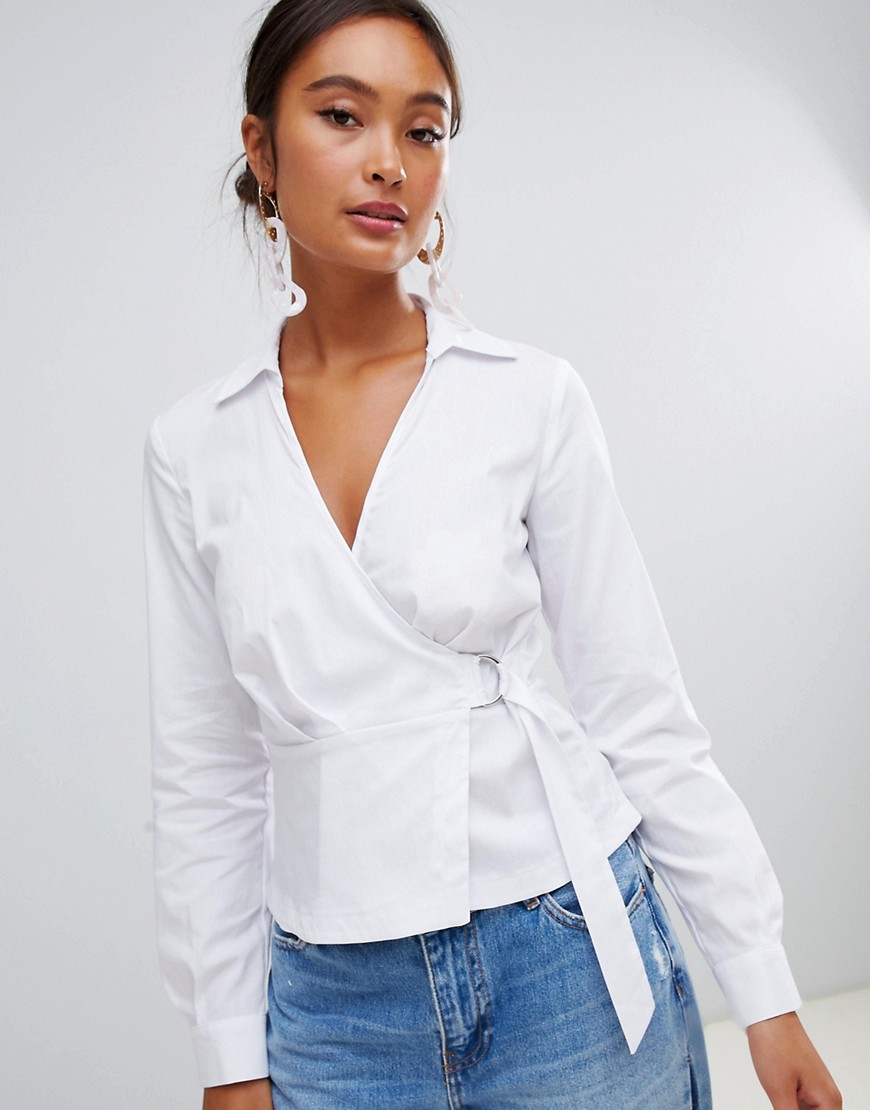 Miss Selfridge wrap front shirt with d-ring detail in white