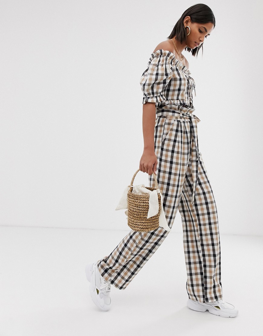 Neon Rose wide leg trousers with paper bag waist in check co-ord