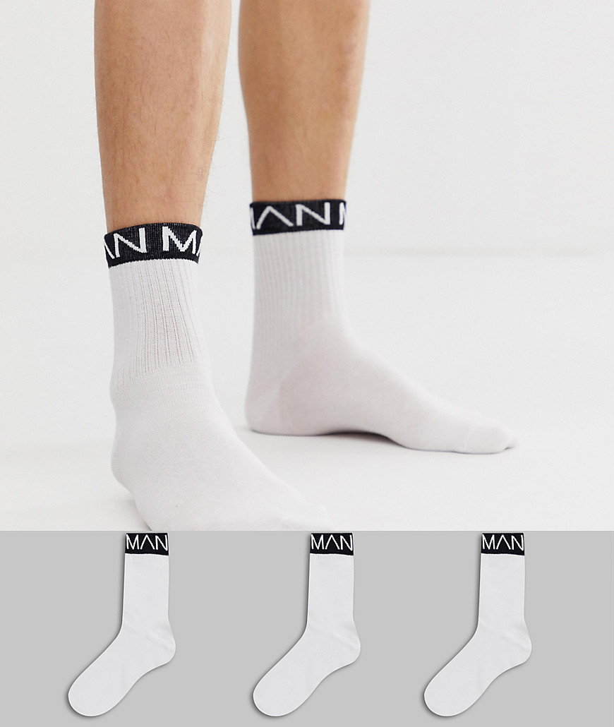 boohooMAN socks with man logo in white 3 pack