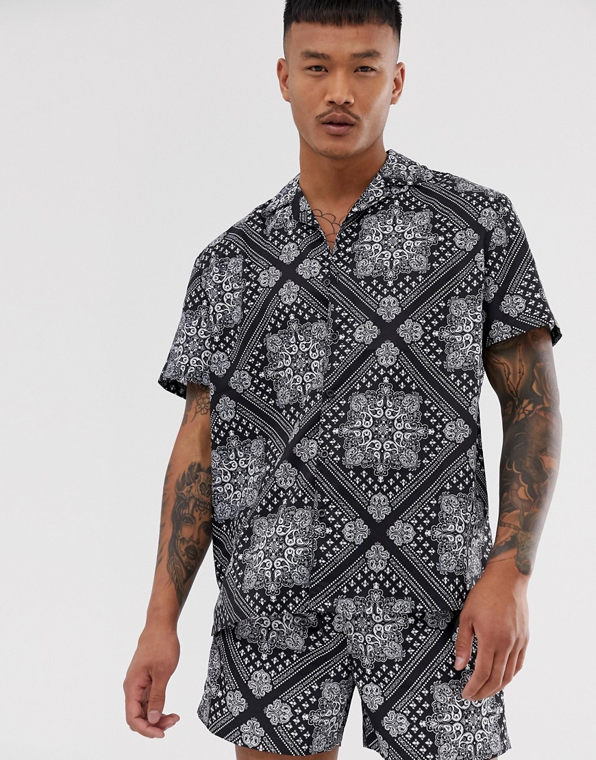 Good For Nothing co-ord revere collar shirt in black paisley print