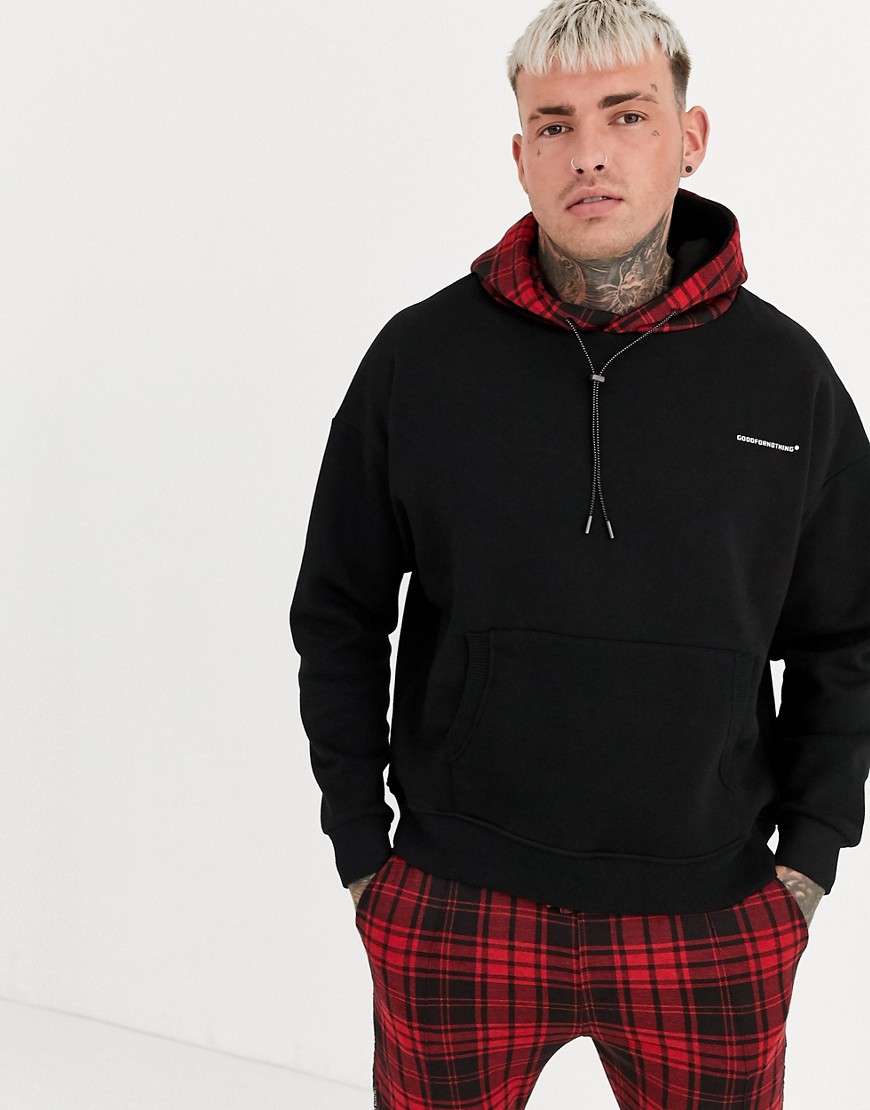 Good For Nothing oversized hoodie in black with contrast tartan hood