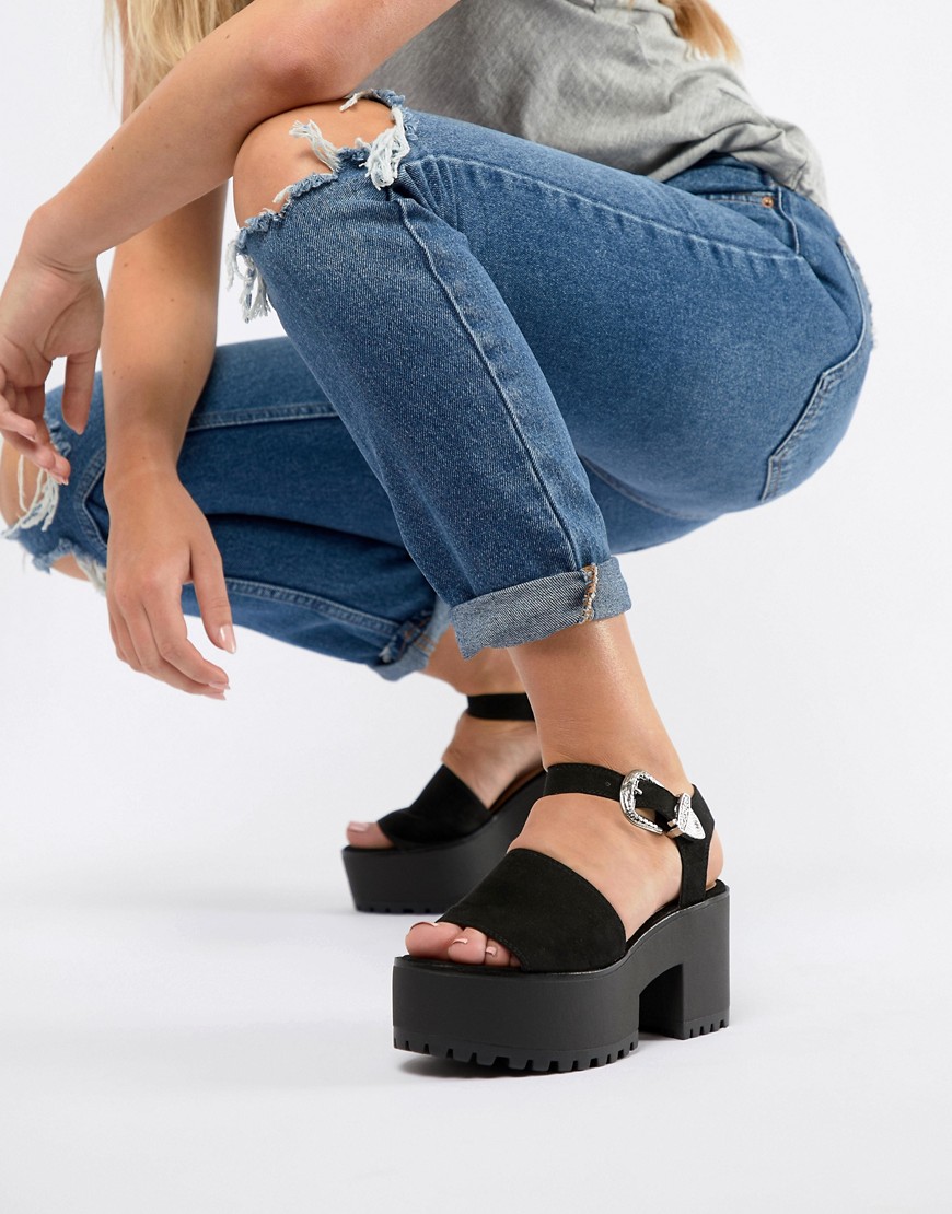 Pull&Bear two part western buckle chunky sandals in black