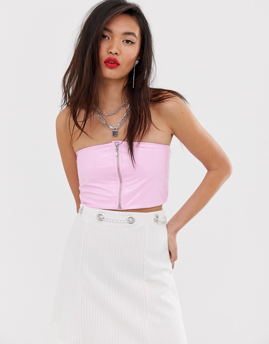 ASOS DESIGN co-ord bandeau in pink vinyl with zip front