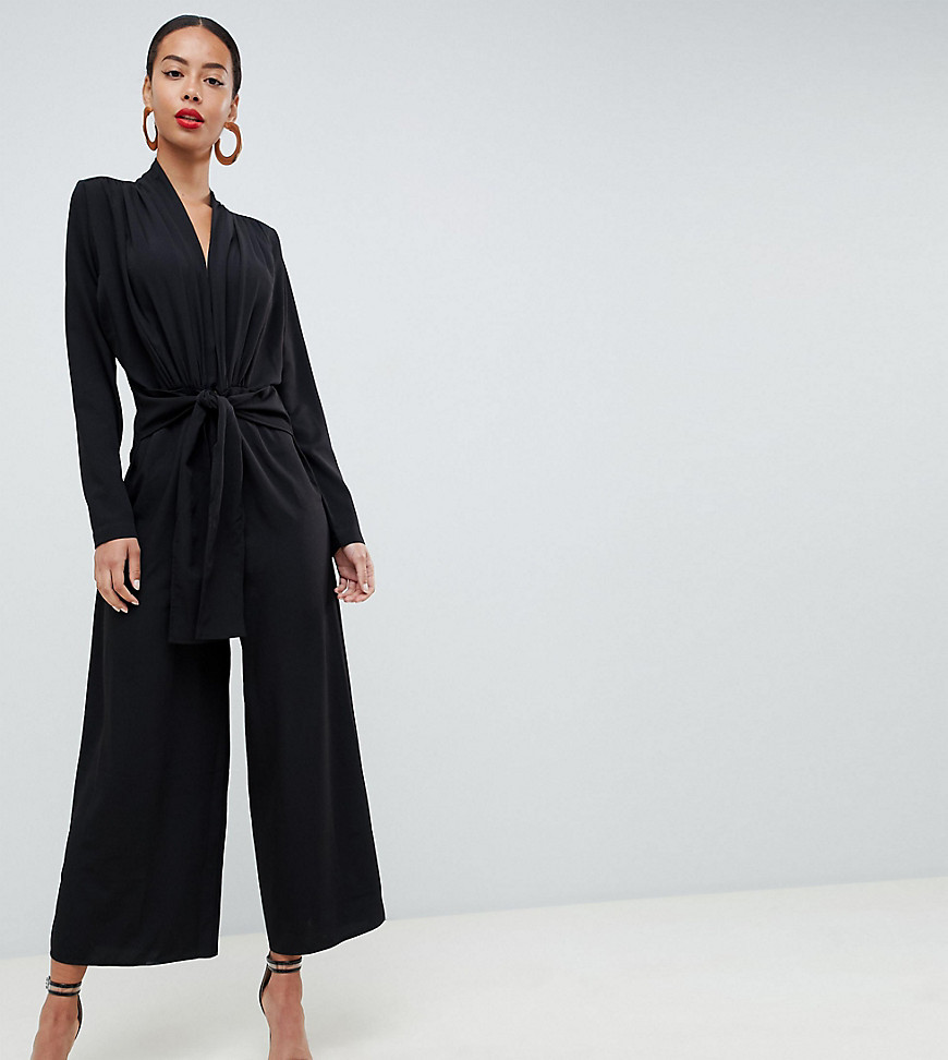 ASOS DESIGN Tall plunge neck jumpsuit with tie waist and culotte leg