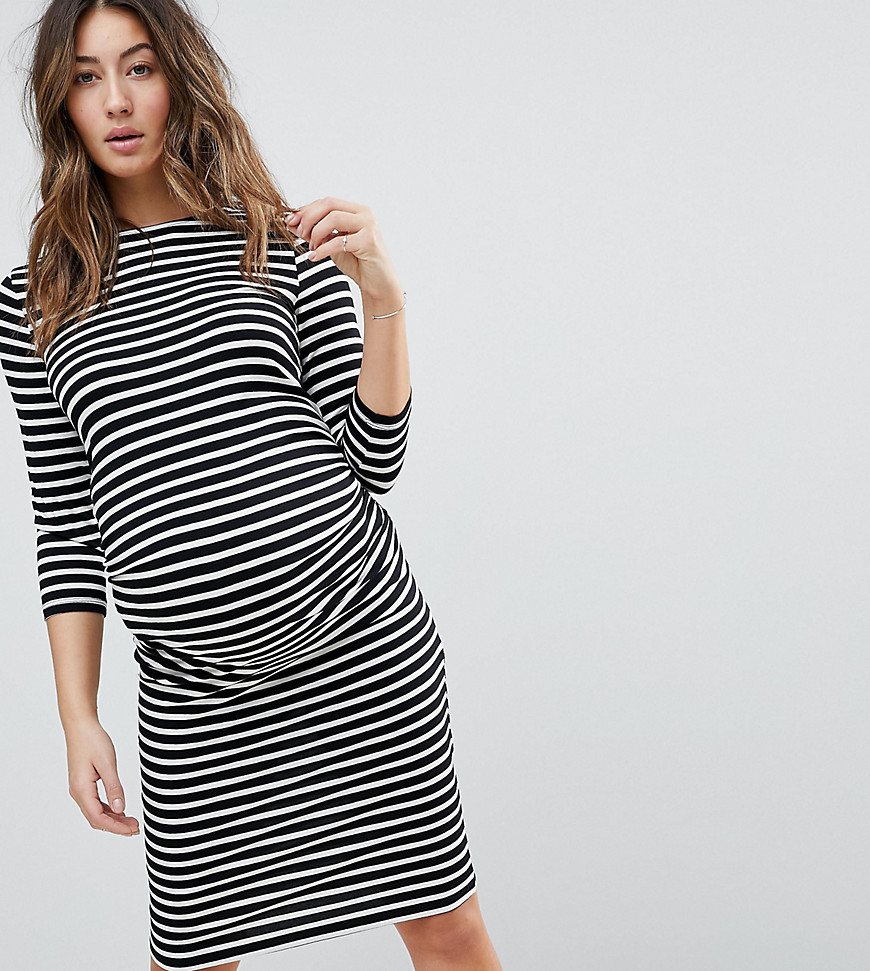 New Look Maternity stripe 3/4 length sleeve dress in black - Black pattern