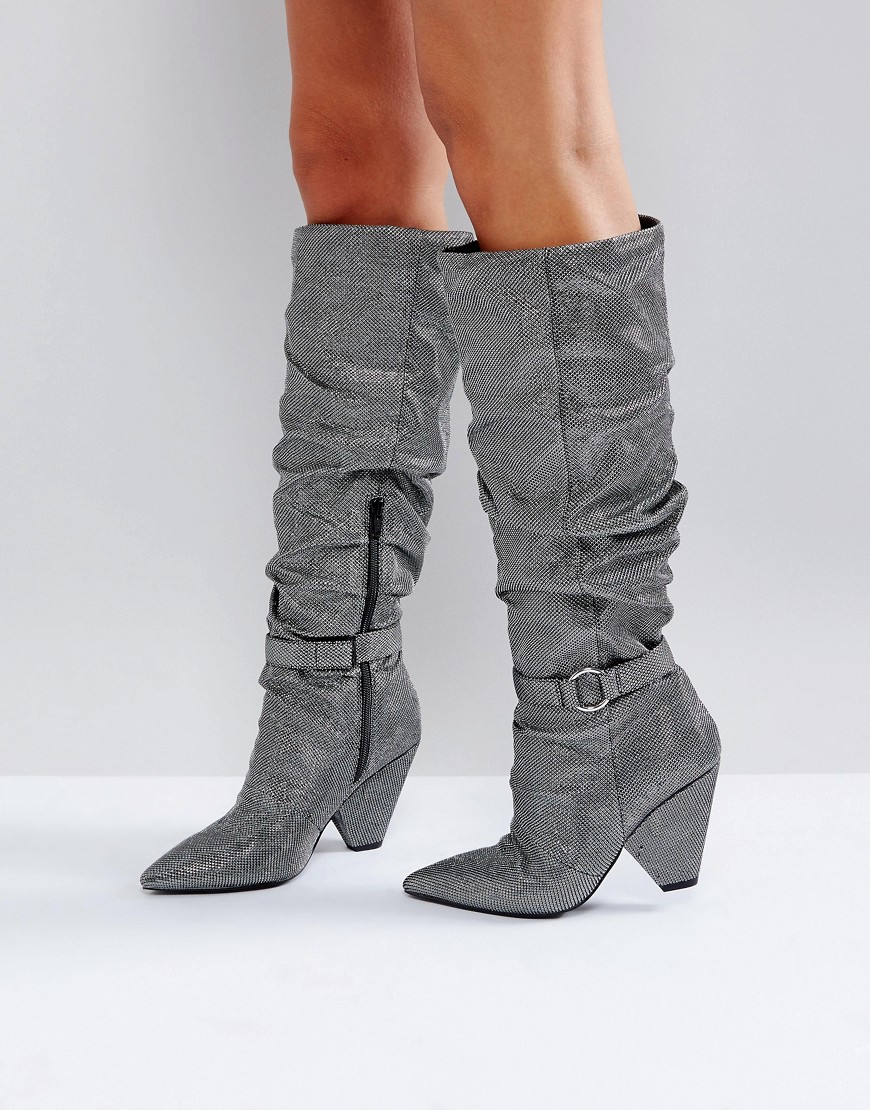 Asos Design Asos Chapter Ruched Knee Boots In Silver