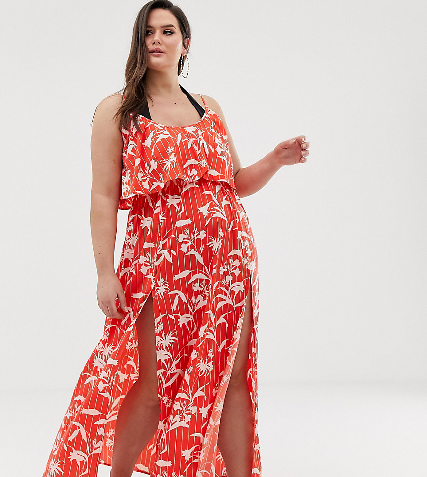ASOS DESIGN Curve double layer beach maxi dress in flamenco floral stripe print