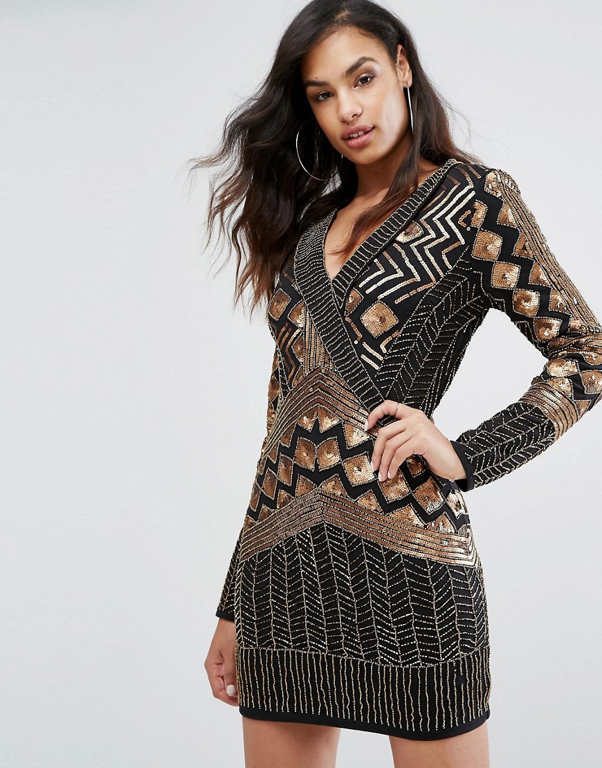 Starlet Wrap Front Embellished Mini Dress with Long Sleeves - Black/gold