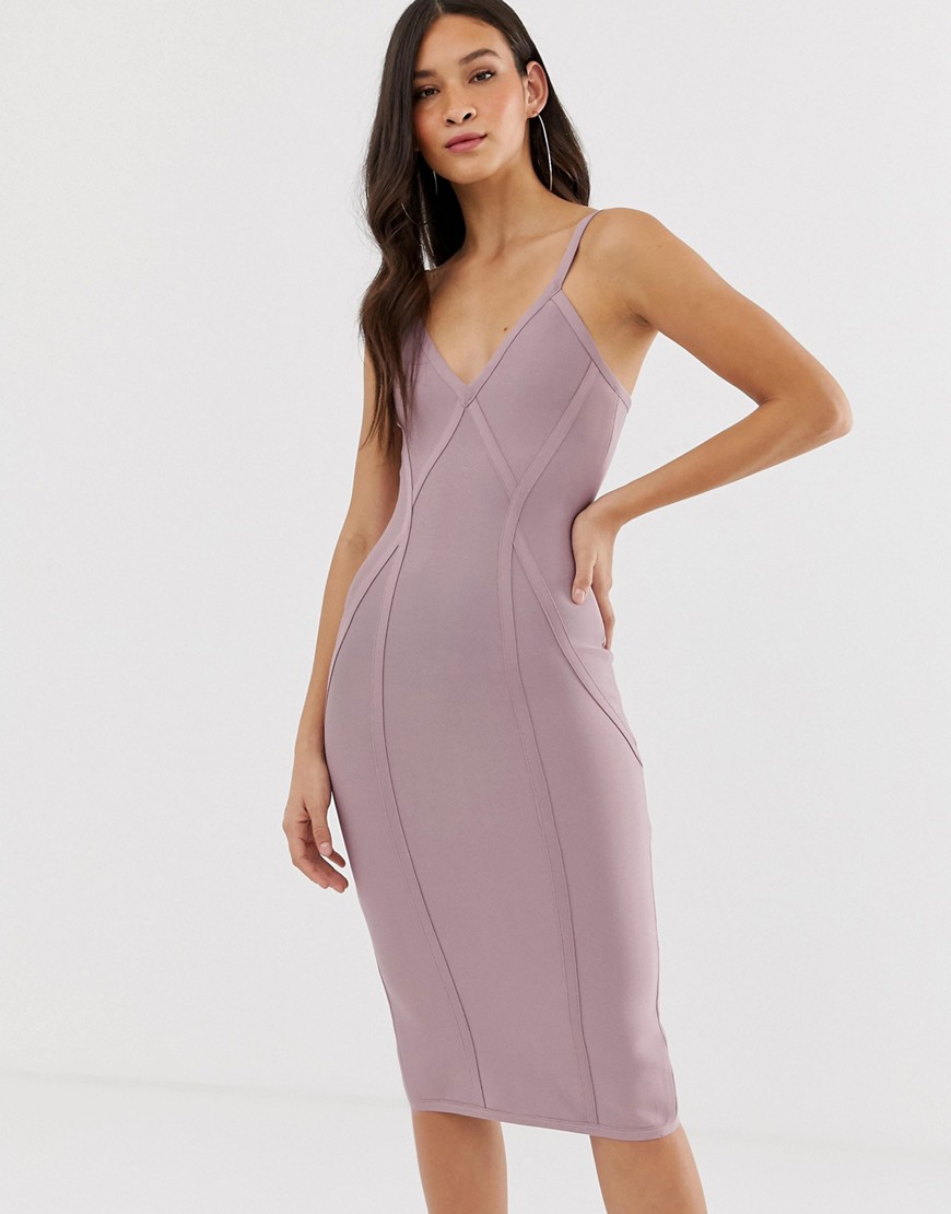 The Girlcode bandage v neck plunge dress with contour lines midi dress in lilac