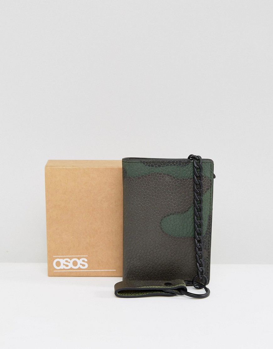 Кожаный бумажник с камуфляжным принтом и цепочкой ASOS - Зеленый ASOS DESIGN 