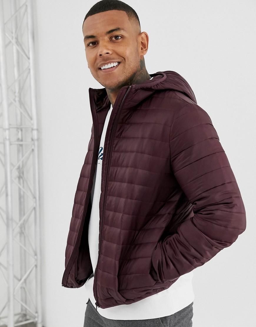 ASOS DESIGN liner puffer jacket with hood in burgundy