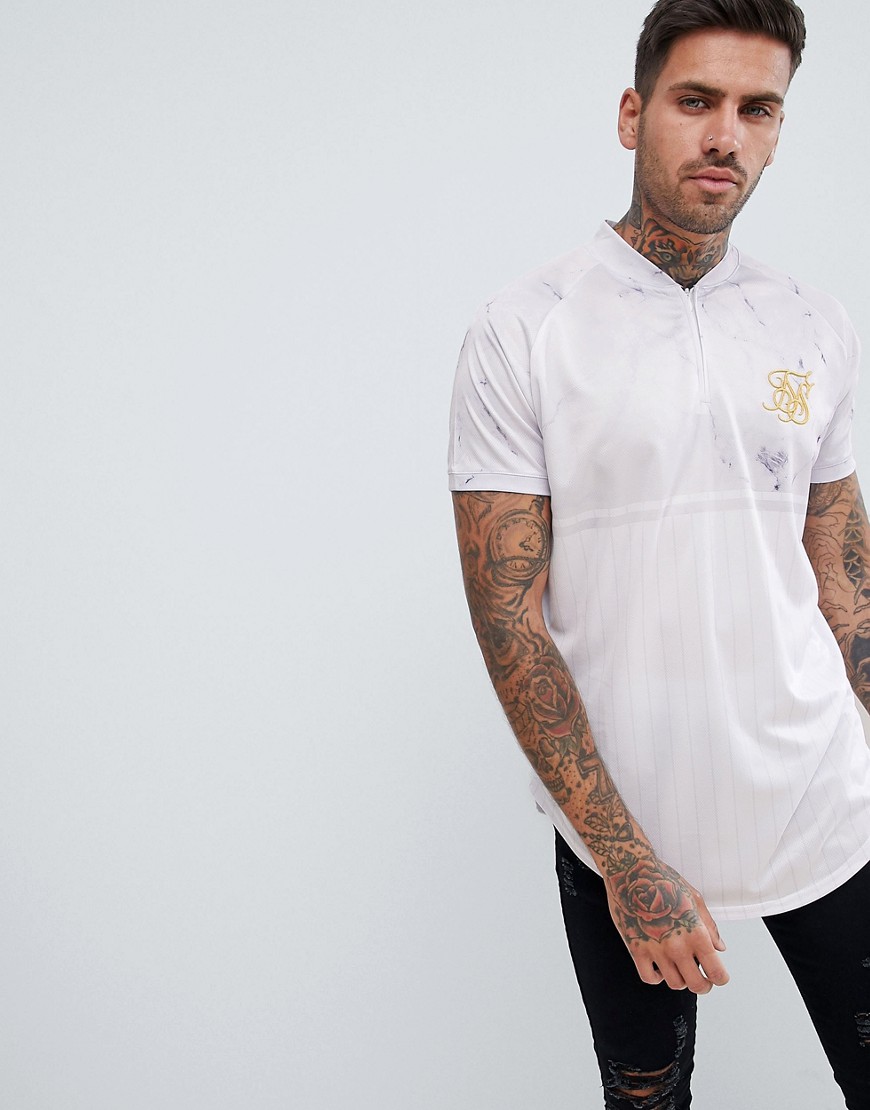 SikSilk Retro Muscle T-Shirt In White Marble With Half Zip - White